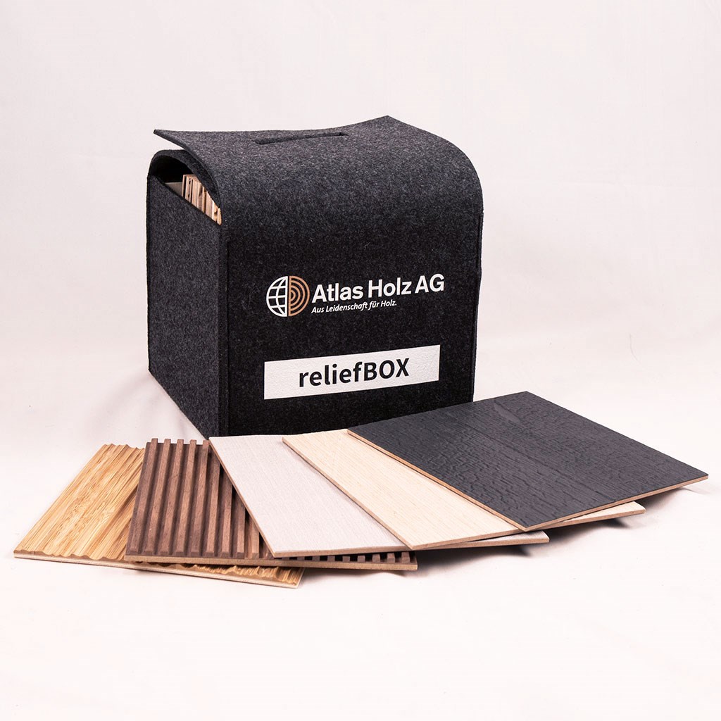 reliefBOX by Atlas Holz AG | Musterbox aus Filz mit 28 Mustern Relief Fresati und Move